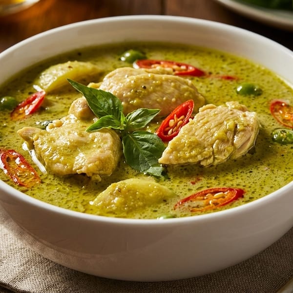A white bowl of green curry with chicken, red chilies, and basil on a wooden table.
