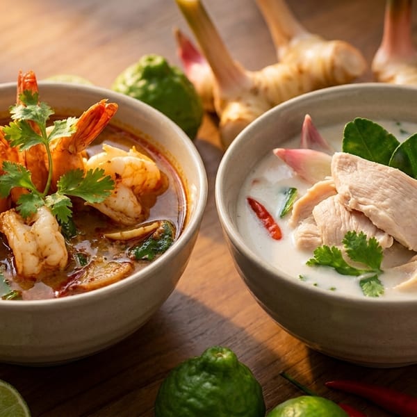 Two bowls of Thai soup, one with shrimp and the other with chicken, garnished with herbs.