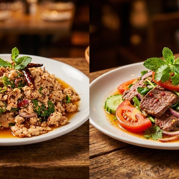 Two plates of Thai cuisine: one with minced chicken larb, the other with spicy beef salad.