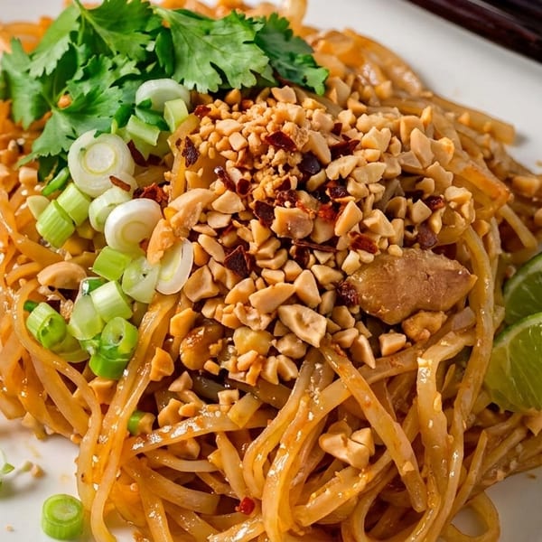 Pad Thai noodles with peanuts, green onions, cilantro, and lime wedges on a white plate.